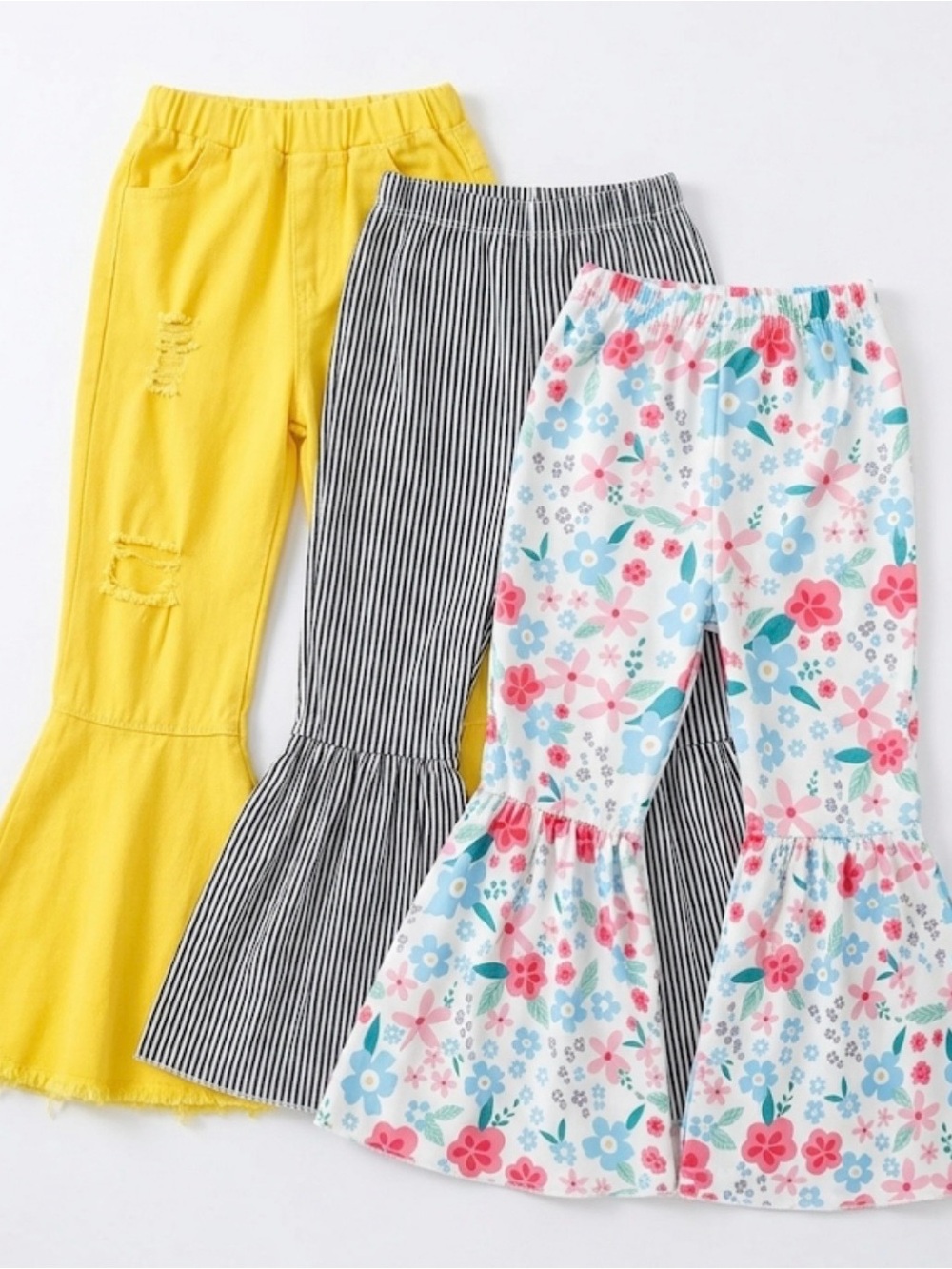 Kids Flared Bell-Bottom Boutique Pants - Yellow, Navy Stripe & Floral size 6-7